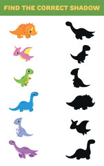 Find the right shadow. Cute dinosaurs. Educational games for children. Vector illustration © Mayartlab