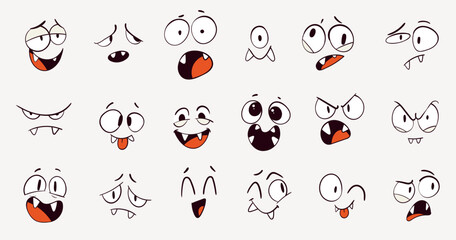 Funny cartoon monster faces set. Hand-drawn doodle emotions with big eyes and fangs. Cute and scary expressions collection for stickers, comics, or Halloween design. Set