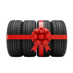 Tires with Red Ribbon Bow – Festive, Playful Holiday Twist on Winter Auto Care


