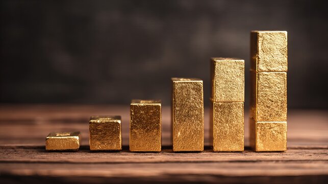 Stunning gold bars arranged in a rising graph symbolizing financial growth and investment success, perfect for economic concepts.