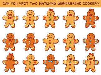 Cute gingerbread men puzzle. Find two identical cookies among many. Fun Christmas activity for kids, festive game, holiday illustration with sweet gingerbread characters. Isolated on white