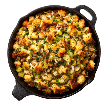 Sausage and herb stuffing in cast iron skillet isolated on transparent background