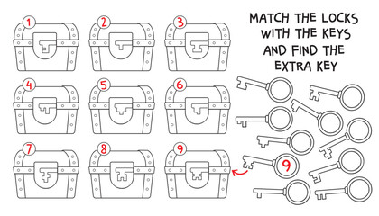 Cute coloring page and logic puzzle for kids. Match each key to the correct lock and find the extra one. Fun printable activity for children and preschool learning.