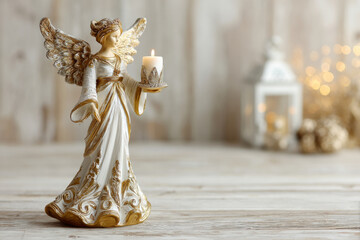Fototapeta premium Decorative Christmas angel figurine holding a candle on a wooden table with soft festive lights