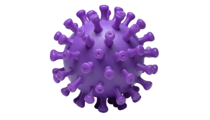 A close-up, three-dimensional rendering of a purple, spherical virus, with spike proteins