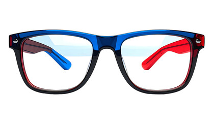 Colorful illustration of rectangular eyeglasses with blue, red, and black frame elements