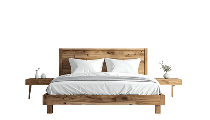 Wooden bed in a modern bedroom, with white bedding and two matching nightstands