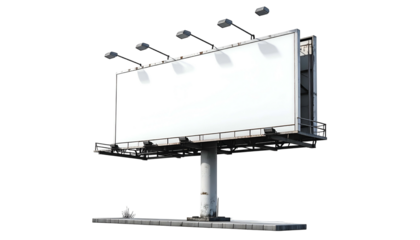 A large, blank outdoor advertising structure with lights, elevated against a transparent backdrop