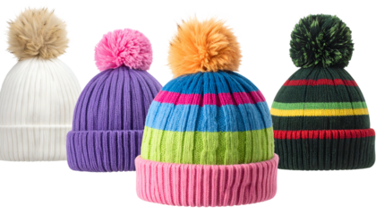 Four colorful ribbed knit beanies with pom-poms of varying hues