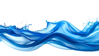 A flowing blue liquid wave, with dynamic splashes, on a transparent background