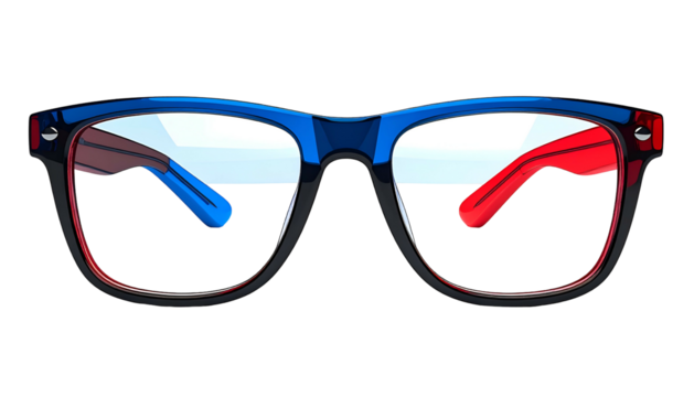Colorful illustration of rectangular eyeglasses with blue, red, and black frame elements