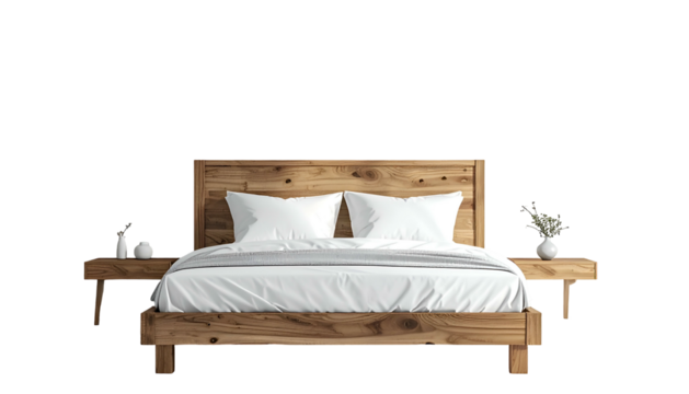 Wooden bed in a modern bedroom, with white bedding and two matching nightstands