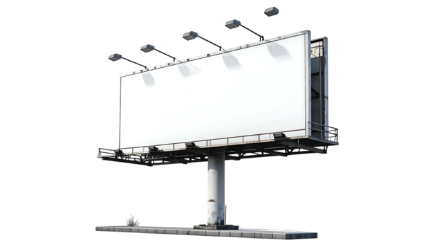 A large, blank outdoor advertising structure with lights, elevated against a transparent backdrop