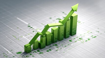 Dynamic green bar graph and upward trending arrow symbolizing financial growth and success in a modern, abstract business environment