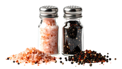 Two condiment shakers with metal lids next to piles of pink salt and peppercorns