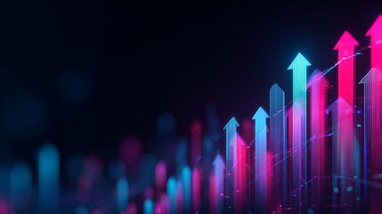 Dynamic digital growth arrows surge upward on dark background, symbolizing financial success and technological advancement with vibrant neon glow