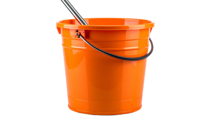 Bright orange bucket with a metallic handle and a shiny silver instrument inside