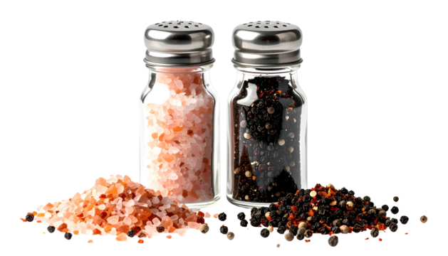 Two condiment shakers with metal lids next to piles of pink salt and peppercorns