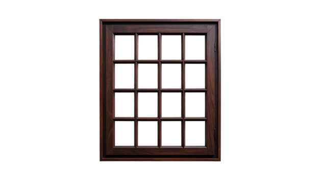 A detailed wooden window frame with sixteen panes against a solid black background