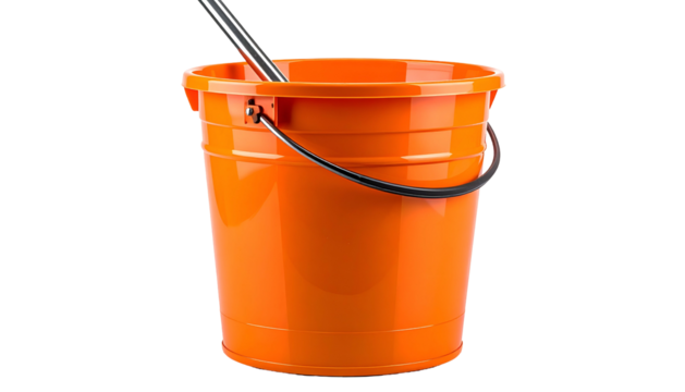 Bright orange bucket with a metallic handle and a shiny silver instrument inside
