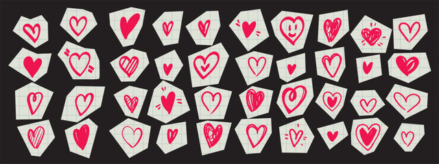Hand drawn doodle hearts set. Cute red sketch style hearts on torn paper background for Valentine Day, love notes, greeting cards, stickers, and creative design projects.
