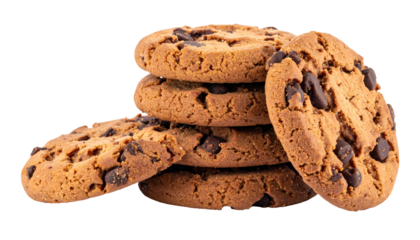 Stacked and scattered golden-brown cookies studded with dark chocolate chips, isolated on black