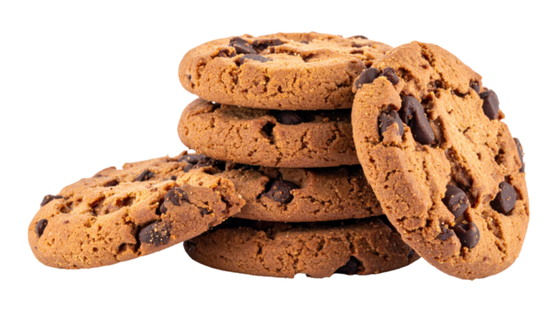 Stacked and scattered golden-brown cookies studded with dark chocolate chips, isolated on black