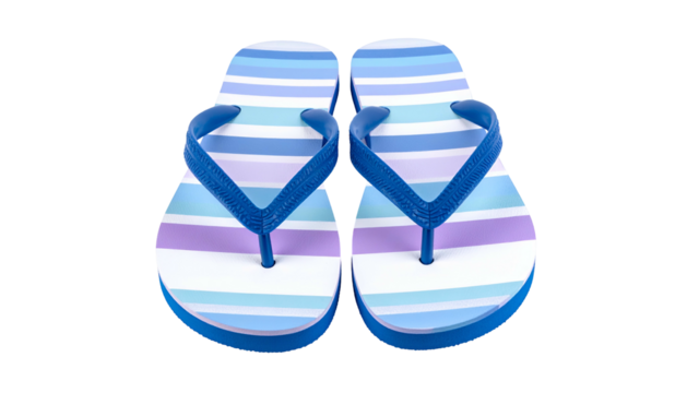 Close-up of two striped flip-flops with blue straps on a transparent background