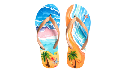 A pair of colorful sandals feature watercolor beach scenes waves, sand, palms, and starfish
