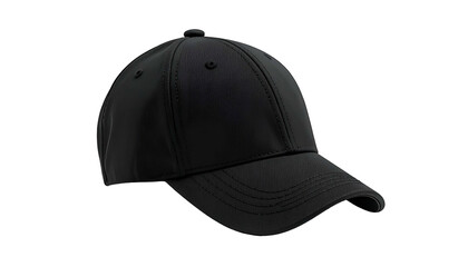 A black baseball cap on a plain black background, rendered in high-definition