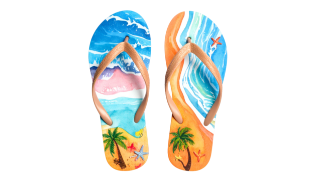 A pair of colorful sandals feature watercolor beach scenes waves, sand, palms, and starfish
