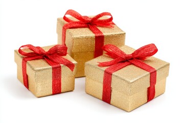 Fototapeta premium Beautifully Wrapped Gold Gift Boxes with Red Ribbons Perfect for Celebrations, Birthdays, Holidays, and Special Occasions to Surprise Loved Ones