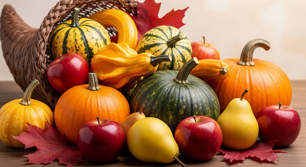 Woven cornucopia overflowing with colorful gourd, pumpkin, apple, and pear, symbolizing autumn harvest, abundance, and Thanksgiving celebration