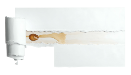 Torn white paper reveals spill of liquid, possibly coffee, against a black background