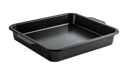 Shiny black rectangular baking pan with handles, isolated against a black background