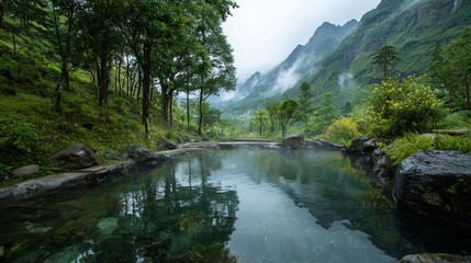 Serene natural hot spring nestled amidst lush green mountains and misty valleys, offering ultimate relaxation and breathtaking scenic beauty for wellness retreats.