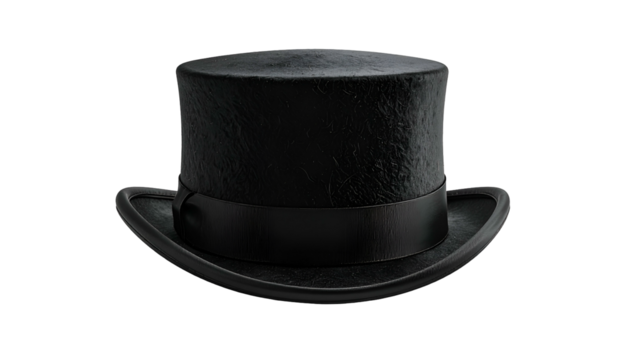 A detailed digital rendering of a black, classic top hat, complete with ribbon and brim