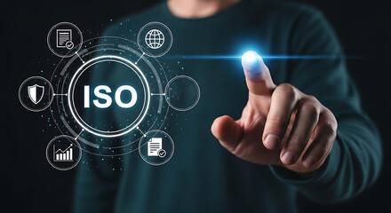 Modern ISO standards implementation with a man touching the screen, showcasing global business compliance and quality management for worldwide operations