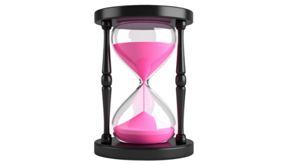 An hourglass with pink sand in a transparent glass, black frame, isolated on black