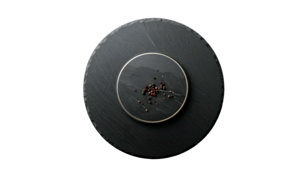 Overhead shot of black stone serving boards, the smaller holding peppercorns, isolated on black
