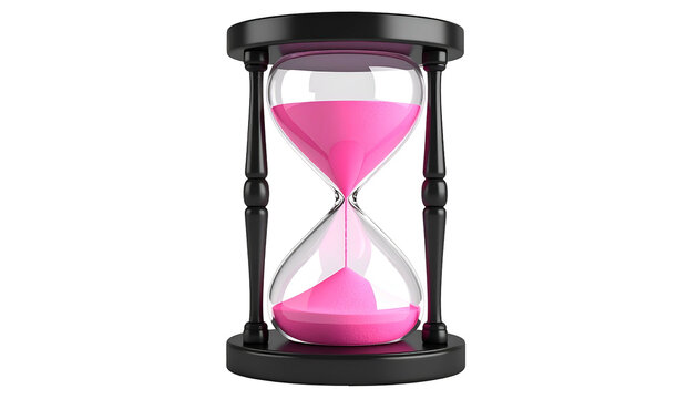 An hourglass with pink sand in a transparent glass, black frame, isolated on black - Powered by Adobe