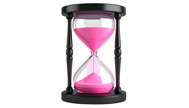 An hourglass with pink sand in a transparent glass, black frame, isolated on black