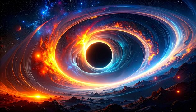 Cosmic Black Hole: A swirling vortex of light and energy around a dark center in space.