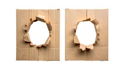 Two square cardboard pieces with circular holes, set against a black background