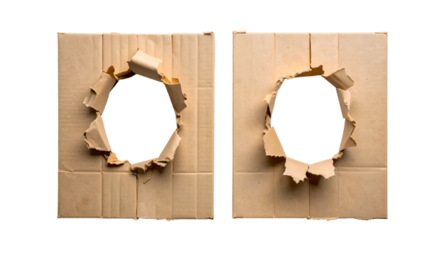 Two square cardboard pieces with circular holes, set against a black background