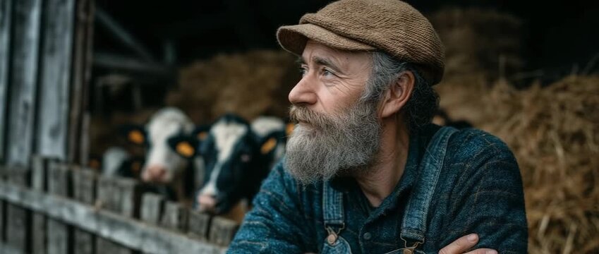 Portrait of a thoughtful elderly farmer in a barn. Senior man with a grey beard looking on as cows stand in the background. Rural agriculture and traditional farming lifestyle concept