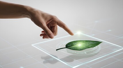 A futuristic touch screen interaction with a glowing leaf, symbolizing sustainable tech.