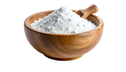 A wooden bowl overflowing with a fine, white powder and a small scoop resting within