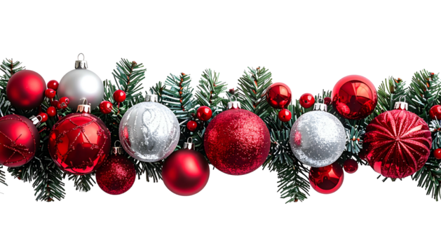 Festive garland features red and silver ornaments, berries, and evergreen branches