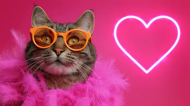 A funny cat in orange glasses and a pink feather boa. An animated neon heart glows on a pink background. Valentine's Day and love concept with copy space for text